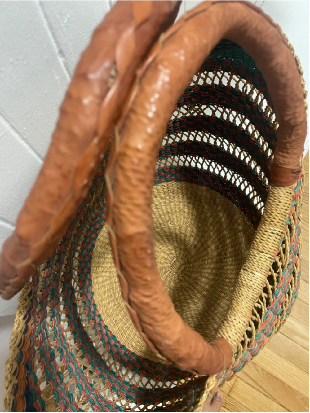 Authentic Ghana Bolga Tote Handwoven Basket with Leather Handle - Picture 4 of 8